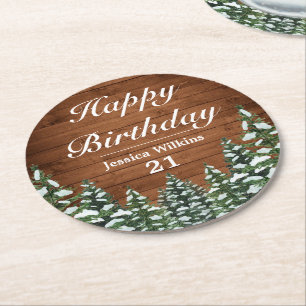 Snowy Wood & Forest Country Pine Happy Birthday Round Paper Coaster