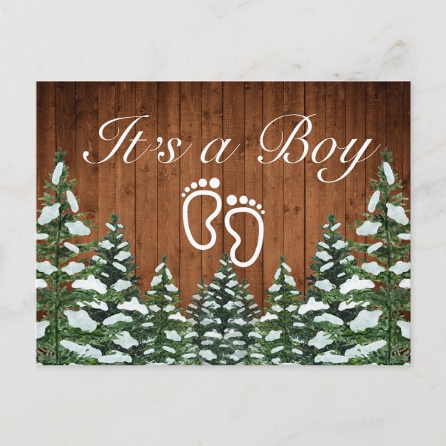 Snowy Wood & Forest Country Pine It's a Boy Announcement Postcard (Front)