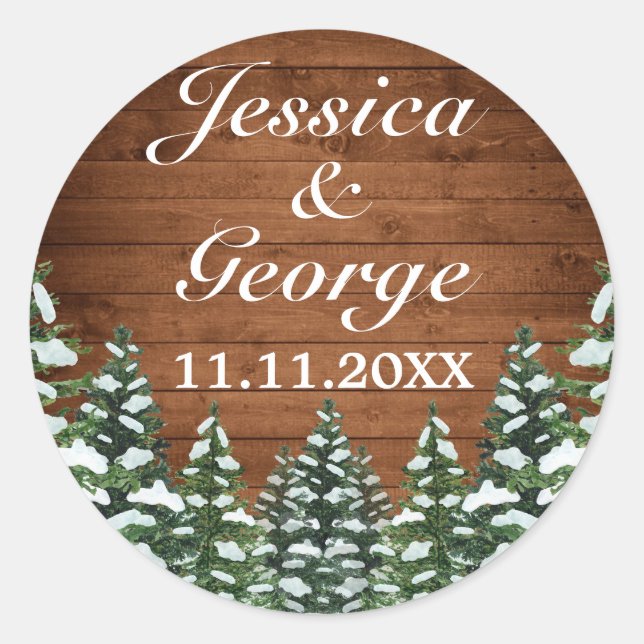 Snowy Wood & Forest Country Pine Wedding Classic Round Sticker (Front)