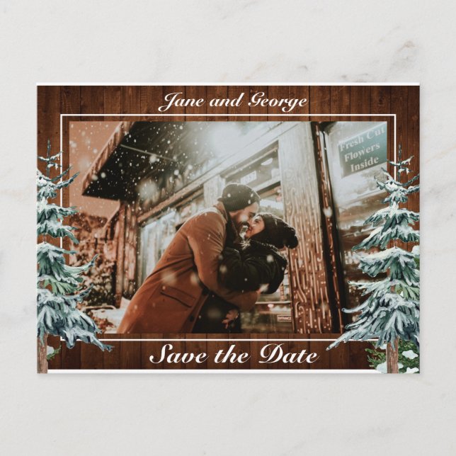 Snowy Wood & Forest Country Pine Wedding Photo Announcement Postcard (Front)
