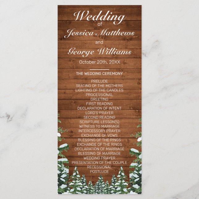 Snowy Wood & Forest Country Pine Wedding Programme (Front)