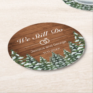 Snowy Wood & Forest Country Wedding Anniversary Round Paper Coaster