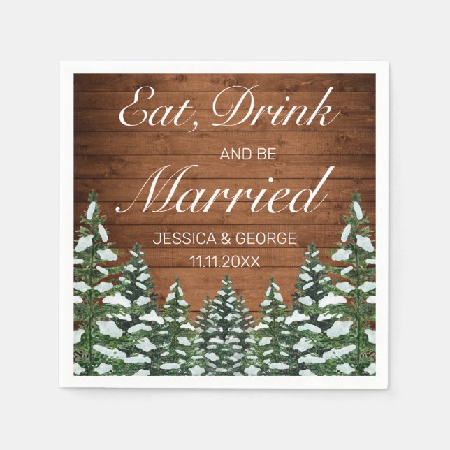 Snowy Wood & Forest Eat Drink Married Wedding Napkin (Front)