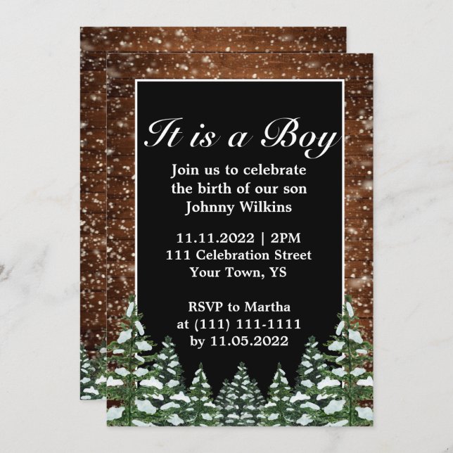 Snowy Wood Forest Pine Baby Boy Birth Celebration Invitation (Front/Back)