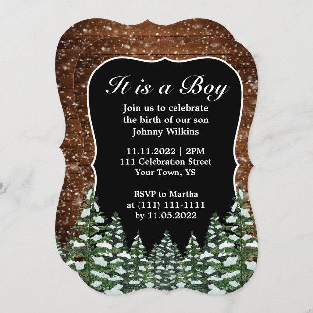 Snowy Wood Forest Pine Baby Boy Birth Celebration Invitation (Front/Back)