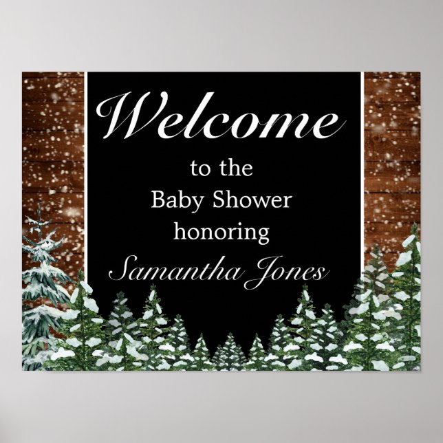 Snowy Wood & Forest Pine Baby Shower Welcome Sign (Front)