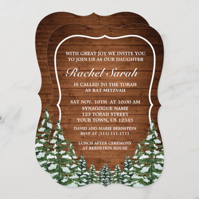 Snowy Wood & Forest Rural Pine Bar Bat Mitzvah Invitation (Front/Back)