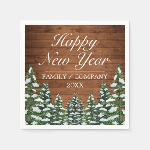 Snowy Wood & Forest Rural Pine Happy New Year Napkin