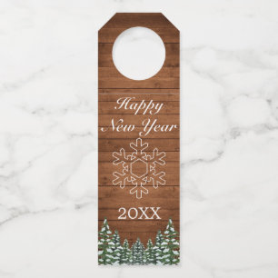 Snowy Wood & Forest Rural Pine Snowflake New Year Bottle Tag