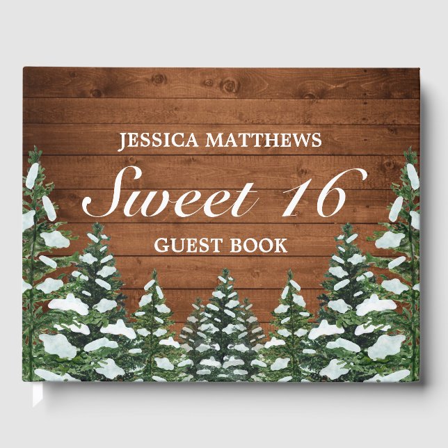 Snowy Wood & Forest Rural Tiara Sweet 16 Birthday Guest Book (Front)