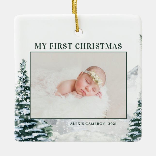 Snowy Woodland Baby's First Christmas Photo Cerami Ceramic Ornament (Front)