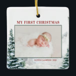 Snowy Woodland Baby's First Christmas Photo Ceramic Ornament<br><div class="desc">Merry Christmas! Add a festive winter accent to your Christmas tree with this custom Christmas baby photo ornament. It features watercolor snowy winter woodland with red texts. Personalise by adding photos, holiday greeting, year and family signature. Feature your favourite baby photo with this woodland Christmas photo ornament. This watercolor holiday...</div>