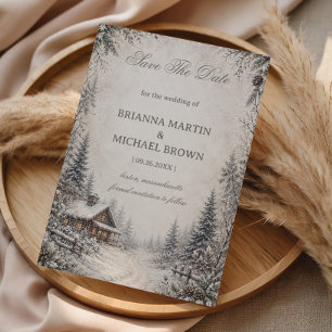 Snowy Woodland Cottage Rustic Save The Date