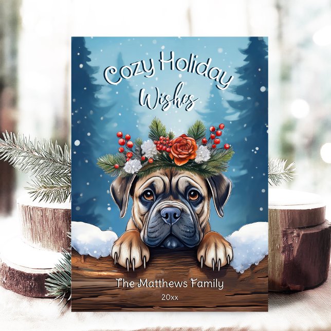 Snowy Woodland Forest Peeking Bullmastiff Jolly Holiday Card (Adorable Winter Snowy Scene With Peeking Dogs or Farm/Woodland Animals - Over 50 to Choose From!)