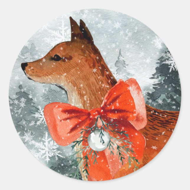 Snowy Woodland Forest Red Fox Holiday Portrait Classic Round Sticker (Front)