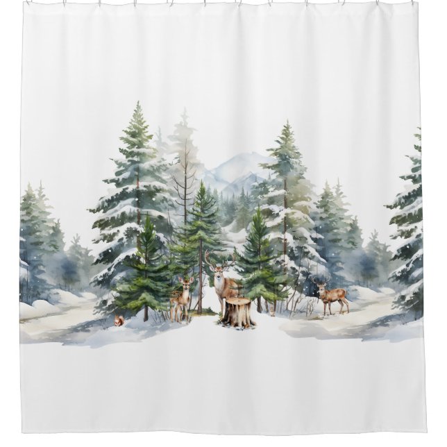 Snowy Woodland Forest Reindeer Family Watercolor Shower Curtain (Front)