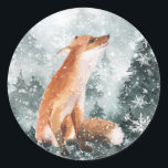 Snowy Woodland Mountain Forest Red Fox 2 Classic Round Sticker<br><div class="desc">A watercolor painted blustering winter woodland scene featuring a red fox.</div>
