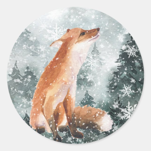 Snowy Woodland Mountain Forest Red Fox 2 Classic Round Sticker (Front)