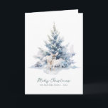 Snowy Woodland Pine Deer Merry Christmas Flat Card<br><div class="desc">An elegant watercolor baby deer is nestled in a rustic snowy winter pine tree. Merry Christmas is written in a simple script below, with an additional line below to customise the design further. All of the text on this card can be edited. There is a Christmas message for you to...</div>
