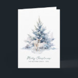 Snowy Woodland Pine Deer Merry Christmas Flat Card<br><div class="desc">An elegant watercolor baby deer is nestled in a rustic snowy winter pine tree. Merry Christmas is written in a simple script below, with an additional line below to customise the design further. All of the text on this card can be edited. There is a Christmas message for you to...</div>