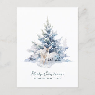 Snowy Woodland Pine Deer Merry Christmas Holiday Postcard