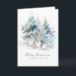 Snowy Woodland Pine  Rabbit Merry Christmas Folded Card<br><div class="desc">A sweet rabbit family frolics in snow-covered winter pine trees. Merry Christmas is written in a simple script below, with an additional line following to customise the design further. All of the text on this card can be edited. There is a Christmas message for you to personalise on the back....</div>