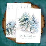 Snowy Woodland Pine Rabbit Merry Christmas Holiday Postcard<br><div class="desc">A sweet rabbit family frolics in snow-covered winter pine trees. Merry Christmas is written in a simple script below, with an additional line following to customise the design further. All of the text on this card can be edited. There is a Christmas message for you to personalise on the back....</div>