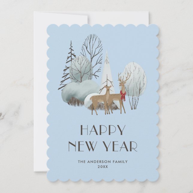Snowy Woodland Reindeer Blue Happy New Year Card (Front)