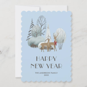 Snowy Woodland Reindeer Blue Happy New Year Card