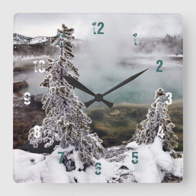 Snowy Yellowstone Square Wall Clock (Front)