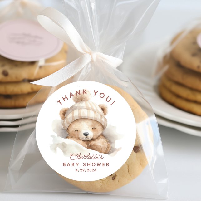 Snuggle Bear Baby Shower Thank You Classic Round Sticker (Creator Uploaded)