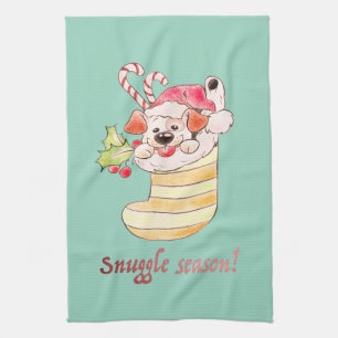 Snuggle Season Puppy in Christmas Stocking Tea Towel
