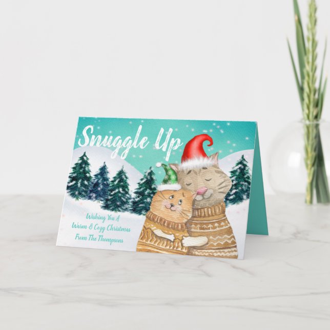 Snuggle Up Cute Cats Cuddling Warm Cozy Christmas Holiday Card (Front)