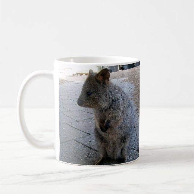 "Snuggles in Australia: A Cuddly Gray Quokka" Coffee Mug (Left)