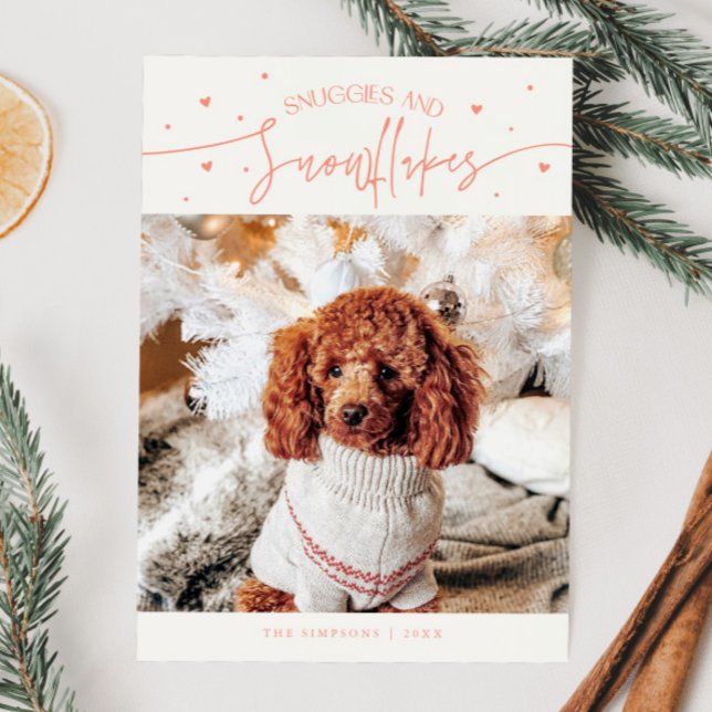 Snuggles & Snowflakes Dog Photo Peach Christmas  Holiday Card (Creator Uploaded)