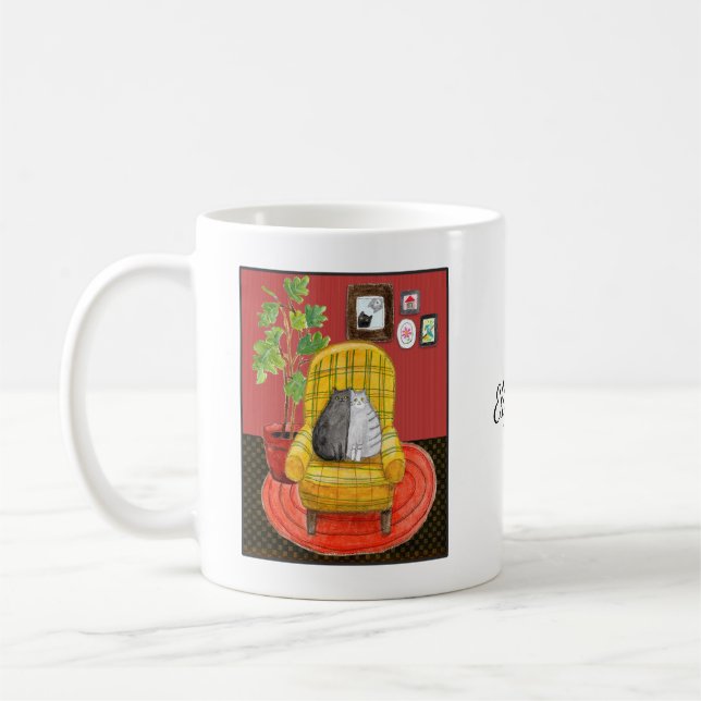 Snuggling Black Cat & Gray Tabby Cat lover Gift Coffee Mug (Left)