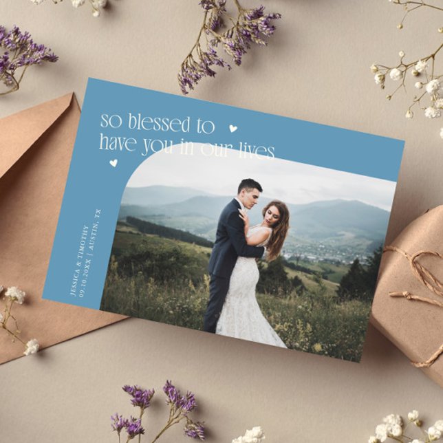So Blessed Denim Blue Wedding Photo Thank You Card (Creator Uploaded)