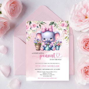 So cute elephant little peanut pastel pink floral invitation