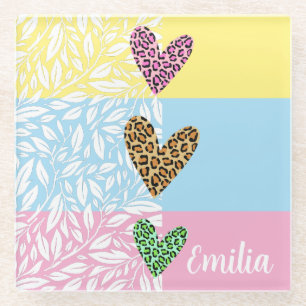 So cute hearts with floral pattern Pink Yellow  Glass Coaster