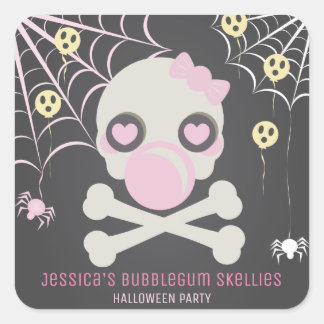 SO CUTE PINK BUBBLEGUM SKELLIES HALLOWEEN PARTY SQUARE STICKER