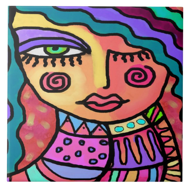 So Happy Abstract Digital Portrait of a Woman Tile (Front)