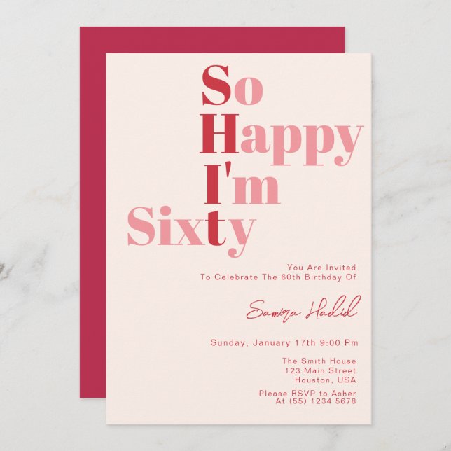 So Happy I'm SIXTY Bold Pink 60th Birthday Party  Invitation (Front/Back)