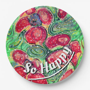 "So Happy" Red Flowers Fantasy Paper Plate