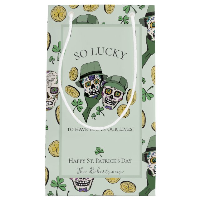 So Lucky Green St Patrick's Day Sugar Skulls Small Gift Bag (Front)