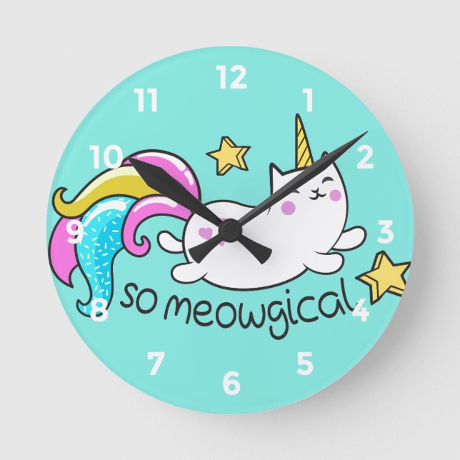 So Meowgical Cute Unicorn kitty glitter sparkles Round Clock (Front)