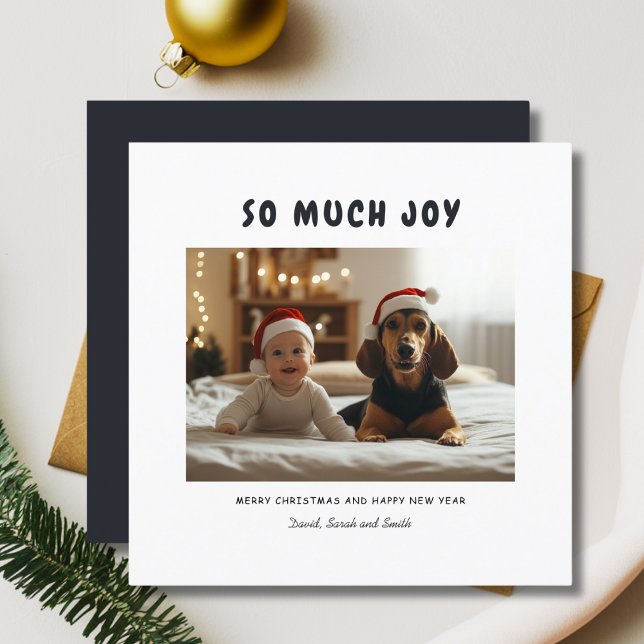 So Much Joy Christmas Funny Baby Dog Photo Blue Holiday Card (Creator Uploaded)