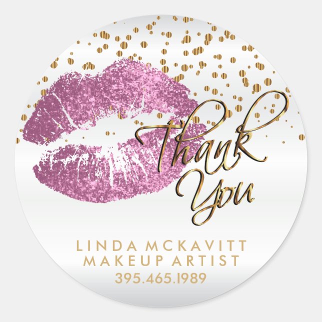 So Pink Glitter Lipstick on White - Thank You Classic Round Sticker (Front)