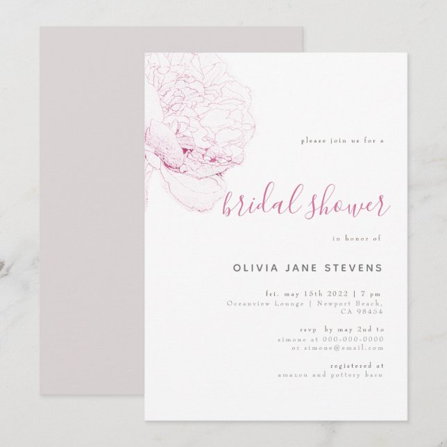 So Pink Peony Elegant Floral Sketch Bridal Shower Invitation (Front/Back)