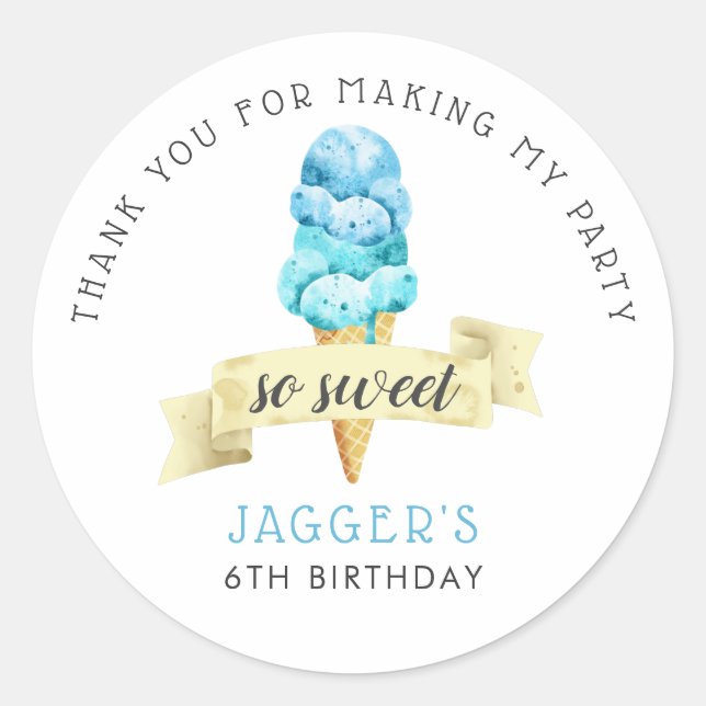 So Sweet Ice Cream Boys Birthday Party Favour Classic Round Sticker (Front)