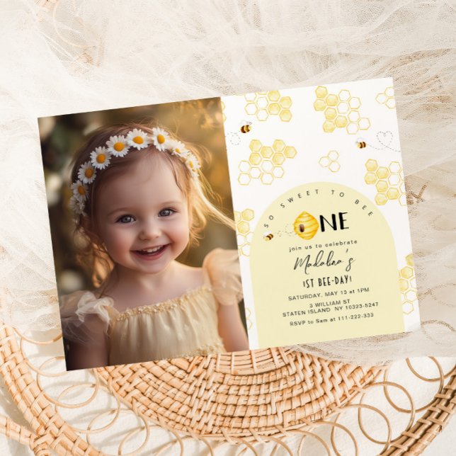 So sweet to Bee One 1st Bee day birthday photo Invitation (Creator Uploaded)